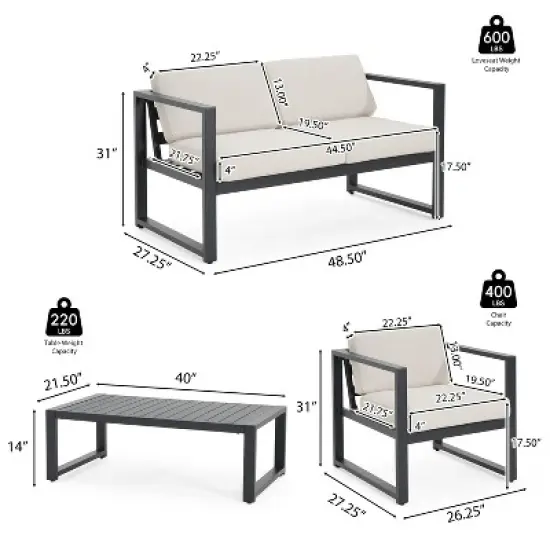 Christopher Knight Home Thorne Outdoor Modern Aluminum 4 Seater Chat Set, Beige/Black image {2}