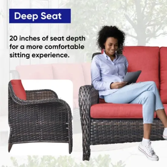 4 Pieces Outdoor Patio Furniture Set with Fire Pit Table, PE Resin All Weather Wicker Patio Propane Fire Pit Set with Patio Couch, Club Chairs in Red image {10}