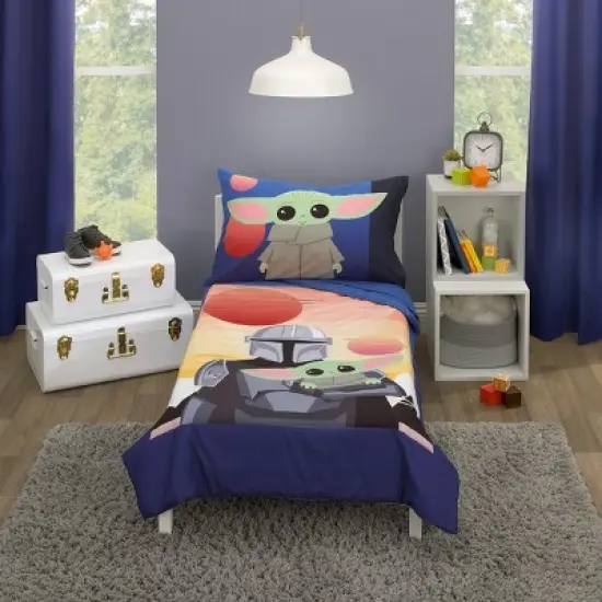 Star Wars The Mandalorian and The Child Grogu Blue, and Yellow, and Orange Din Djarin Twin Suns 4 Piece Toddler Bed Set image {8}
