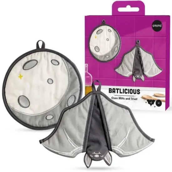 Ototo Batlicious Oven Mitt and Moon Trivet Cotton and Polyester Fabric Kitchen Set Black/Gray image {1}