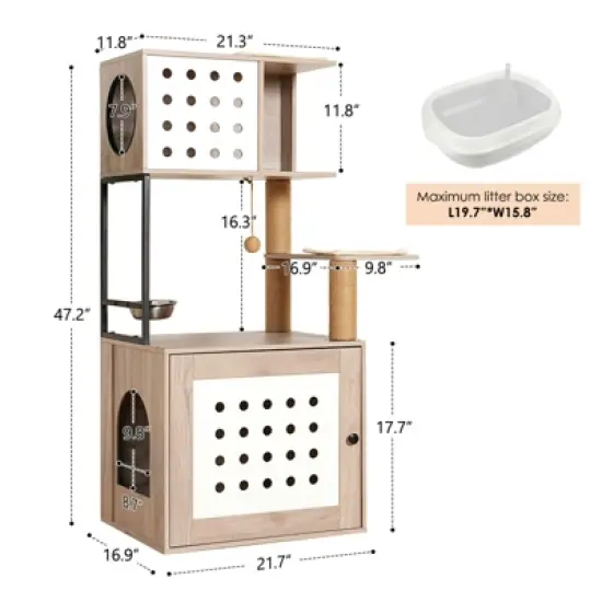 Lirago Gray and White Cat Tree 21.7x17.0x47.2"-All-in-One Litter Box and Play Tower image {4}