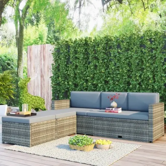 4pc Outdoor Wicker Conversation Sectional Set with Cushions - Gray - GODEER image {2}