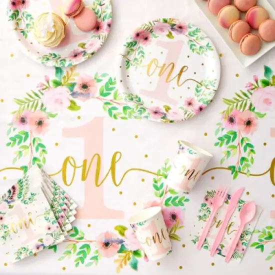 Blue Panda 48-Pack Floral Disposable Paper Plates for Girl Baby's 1st First Birthday Party Supplies image {1}