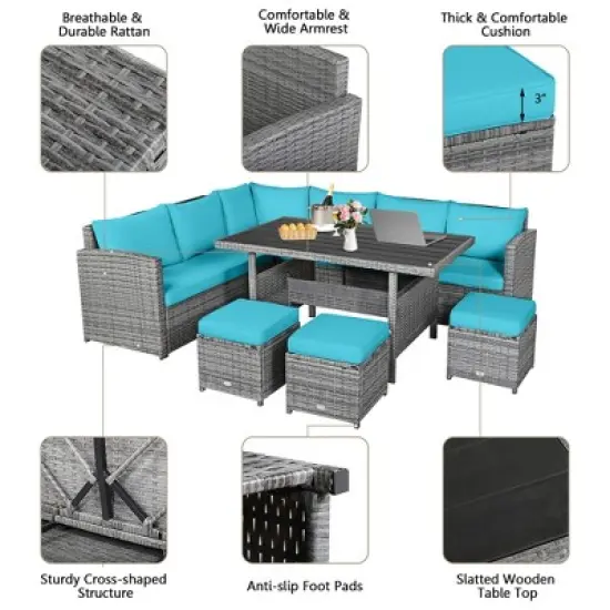 Tangkula 7PCS Rattan Patio Sectional Sofa Set Conversation Set w/ Turquoise Cushions image {7}