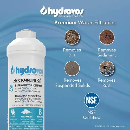 Hydrovos Inline Water Filter for Refrigerator, Ice Maker, Reverse Osmosis System, 1/4" Quick Connect, Reduces Chlorine Taste & Odor image {1}