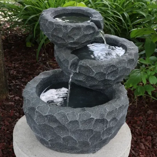 Sunnydaze Outdoor 3-Tier Chiseled Basin Solar Powered Water Fountain with Battery Backup and Submersible Pump - 22" image {1}