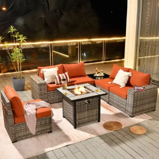 Marlton 7pc Wicker Outdoor Patio Furniture Set Conversation Sofa Set with a Fire Pit and Cushions image {19}