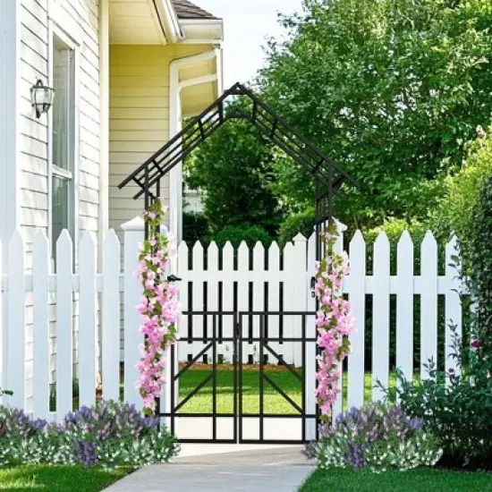 Lirago Black Metal Garden Arch-Galvanized Iron Trellis Rose Arch Outdoor Garden Decor with Gate Design 16.92"Dx97.24"Hx58.07"W image {3}