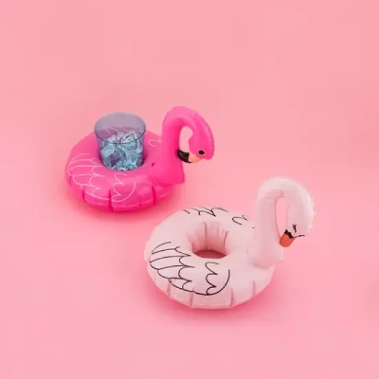 Blush Flock Drink Floaties for Standard Cups and Cans, Pool Party or Beach Bird Inflatables, Pink Flamingo and Swan, Set of 2 image {2}