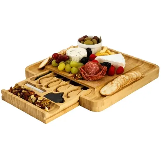MegaChef Bamboo Charcuterie Cheese Board with Slide Out Drawer with Cheese Utensils, Bottle Opener, and 3 Piece Mini Chalkboard Set image {8}