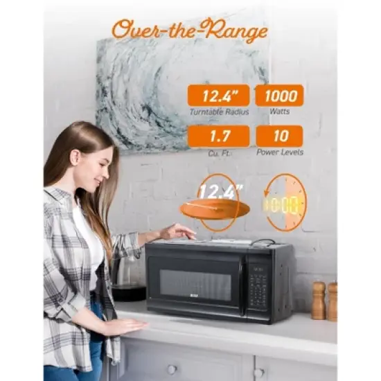 Commercial Chef 1.7 Cu. Ft. Over-The-Range Microwave Oven, 10 Power Levels, 300 CFM Hidden Vent Hood Fan, Touch Controls, 10 Preset Options, Black image {3}