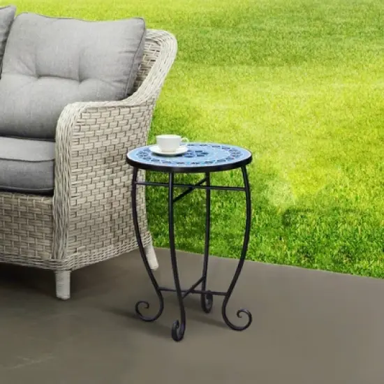 Mosaic Patio Side Table with Iron Legs - Teamson Home image {1}