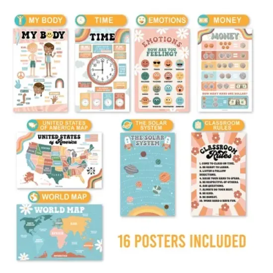 Hadley Designs Retro Boho Laminated Educational Posters for Toddlers (Set of 16) - Classroom Posters image {1}