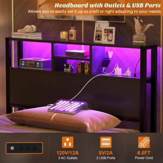 Aheaplus Storage Headboard with Power Outlets & Led Lights, Height Adjustable, Reversible Headboard image {5}