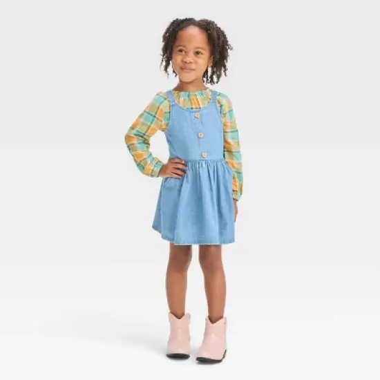 Toddler Girls' Plaid Long Sleeve Top & Denim Skirtall Set - Cat & Jack&trade; Blue image {3}