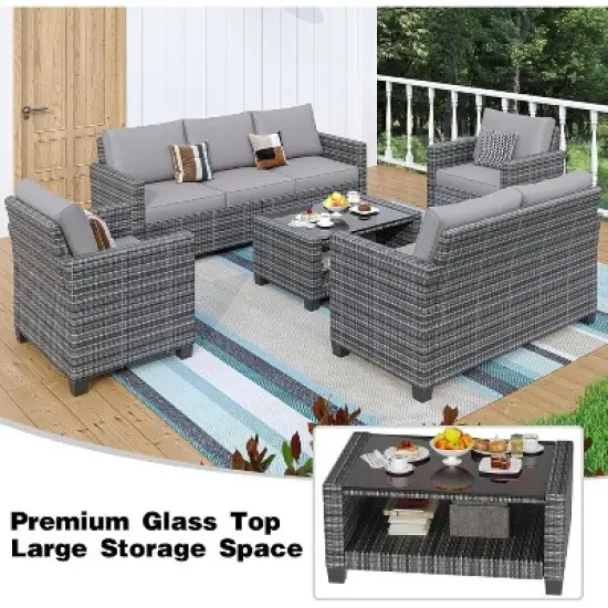 Patio Furniture Sets 6 Pieces, PE Wicker Modern Patio Conversation Set with Storage Cushions image {5}