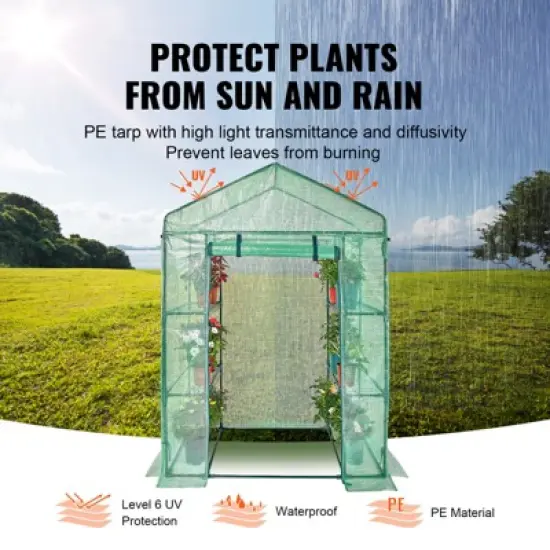 VEVOR Walk-in Green House, 4.6 x 2.4 x 6.7 ft, Greenhouse with Shelves, High Strength PE Cover with Doors, Windows and Steel Frame,Set Up in Minutes image {5}