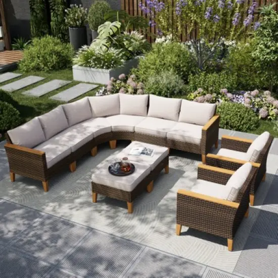 Captiva Designs 10pc Outdoor Wicker Rattan Patio Half-Moon Curved Sectional Sofa Set with Cushioned Ottoman image {13}