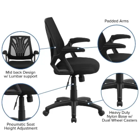 Flash Furniture Mid-Back Designer Black Mesh Swivel Task Office Chair with Open Arms image {2}