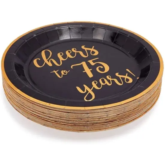 Sparkle and Bash 48 Pack Black Paper Plates for 75th Party, Cheers to 75 Years (9 In) image {2}