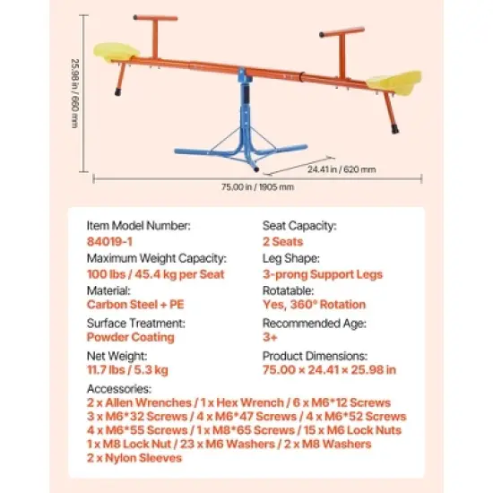 VEVOR Kids Seesaw, 100 lbs Load Capacity per Seat, Sit and Spin Teeter Totter, Swiveling 360 Degrees Rotating for Aged 3+, Orange&Blue&Yellow image {7}