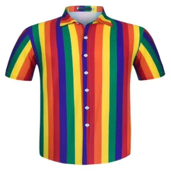 Lars Amadeus Men's Vertical Striped Shirt Short Sleeve Button Down Summer Color Block Hawaiian Beach Striped Shirts image {11}