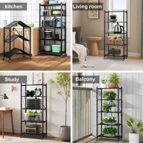 Foldable Storage Shelves with Wheels, 5 Tier Large Capacity Shelving Unit, Freestanding Metal Wire Shelf Rack image {6}