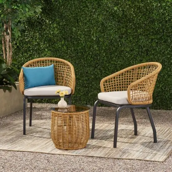 Arias 3pc Wicker Chat Set - Light Brown/Beige - Christopher Knight Home image {1}