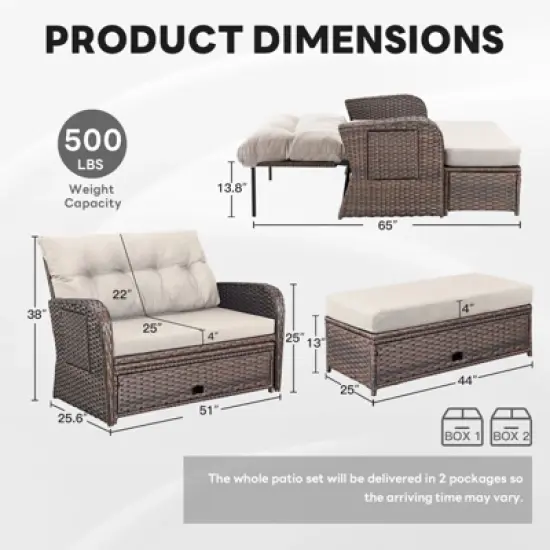 Patio Rattan Daybed Set with Cushioned Loveseat and Ottoman, Outdoor Double Chaise Lounger with 4-Level Adjustable Backrest and Retractable Side Trays image {5}