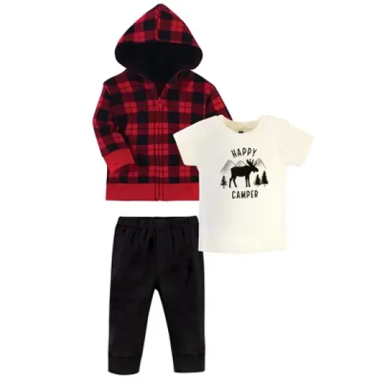 Hudson Baby Infant and Toddler Boy Cotton Hoodie, Bodysuit or Tee Top and Pant Set, Plaid Moose Toddler image {2}