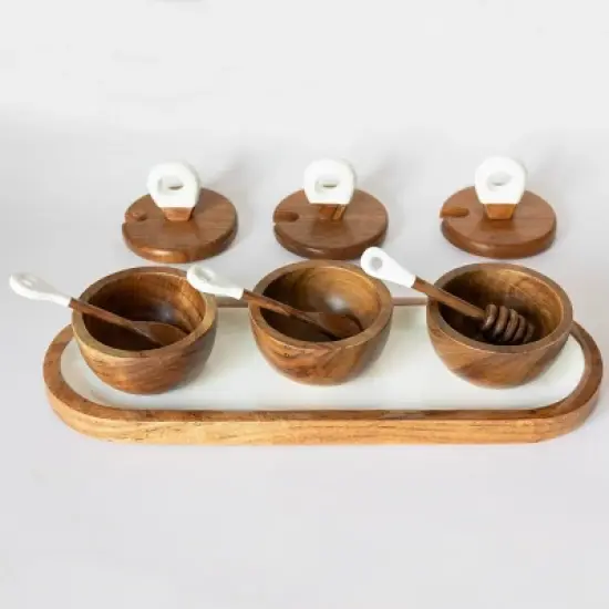 Jeanne Fitz Wood + White Collection Acacia Wood 10pc Dipping Bowls with Charcuterie Utensils image {3}