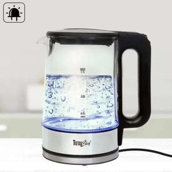 Total Chef Cordless Electric Glass Kettle LED Light 1.8 QT/1.7L: 360&deg; Rotating Base, Automatic Shut-Off, 1100W, Water Boiler image {4}
