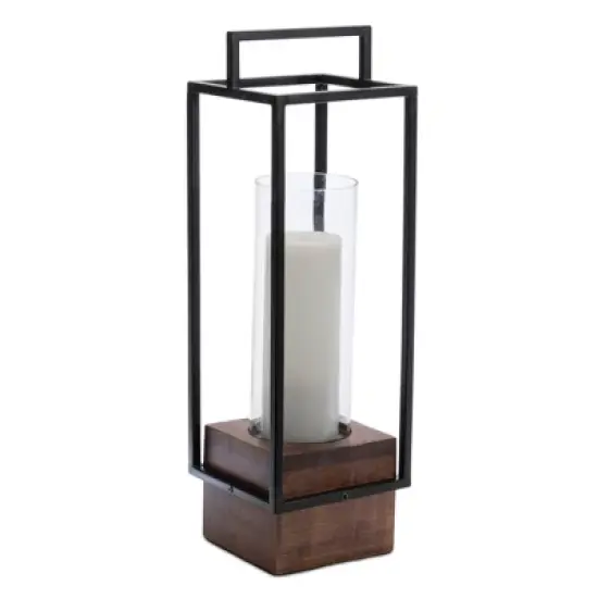 HomeRoots 20" Black And Brown Metal And Solid Wood Tabletop Lantern Candle Holder image {3}