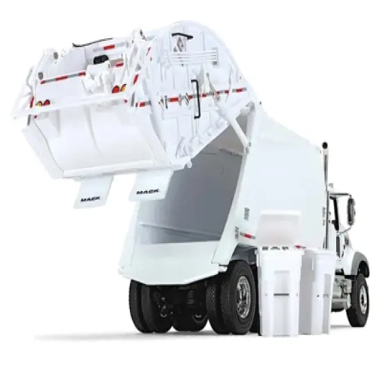 Mack Granite MP Refuse Garbage Truck with McNeilus Rear Loader & Trash Bins White 1/34 Diecast Model by First Gear image {3}