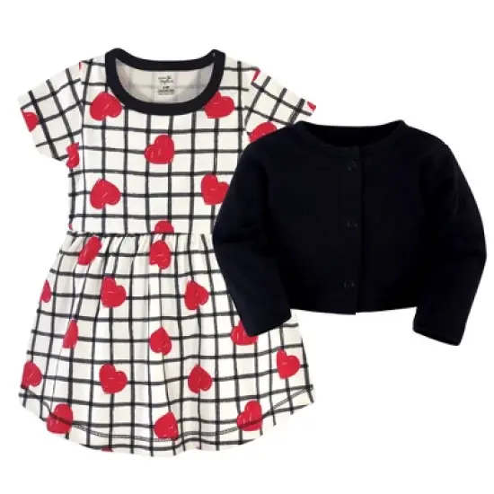 Touched by Nature Baby and Toddler Girl Organic Cotton Dress and Cardigan 2pc Set, Black Red Heart image {1}