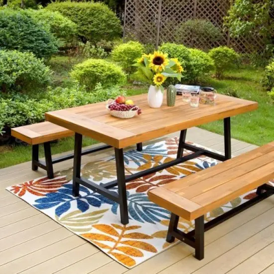 3pc Acacia Patio Dining Set with 2 Benches - Teak - Captiva Designs image {3}