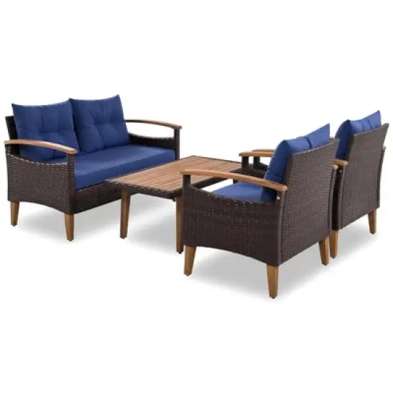 FIONECA 4-Piece Patio Furniture Set, PE Rattan Outdoor Sofa with Cushions & Wood Table, Garden Conversation Set, Brown & Blue image {10}