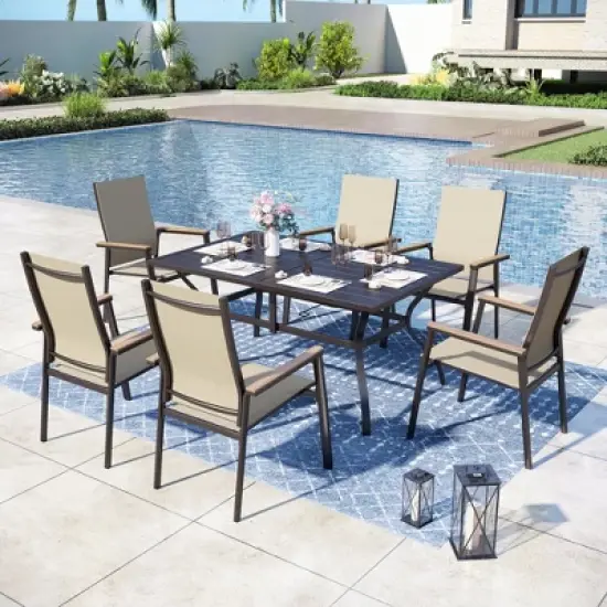 Captiva Designs 7pc Patio Dining Slat-top Rectangle Table & Textilene Chairs with Wood-like Armrests image {15}