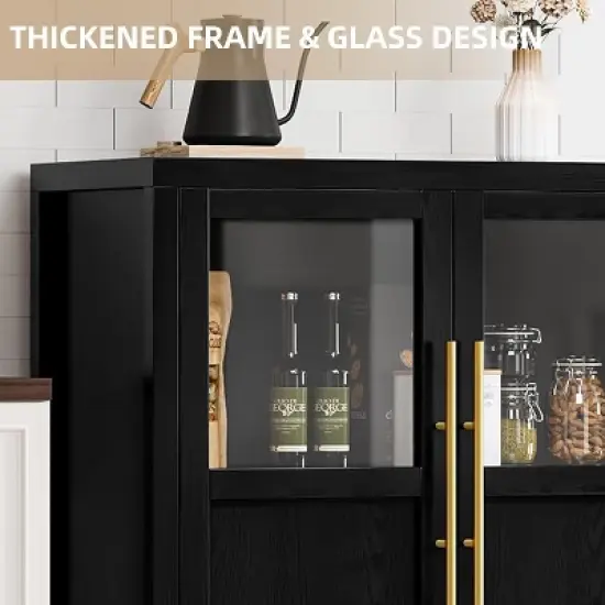 55'' Large Sideboard Buffet Cabinet, Glass Door Kitchen Storage Cabinet, Wooden Farmhouse Coffee Bar Cabinet, Buffet Table with Storage image {6}
