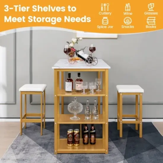 Costway 3PCS Bar Table Set Kitchen Counter Height Table 2 Stools Space Saving with Storage image {5}