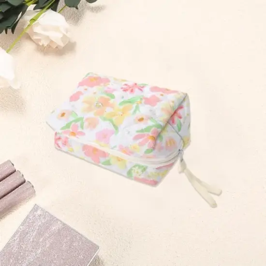 Unique Bargains Quilted Square Flower Makeup Bag Pink Green 1 Pc image {2}