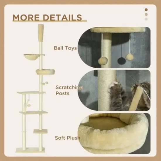 Floor to Ceiling Cat Tree, 90.5" - 98.5" Adjustable Height, Cat Climbing Tower with Carpeted Platforms, Cozy Bed, Hammock, Scratching Posts  Beige image {4}