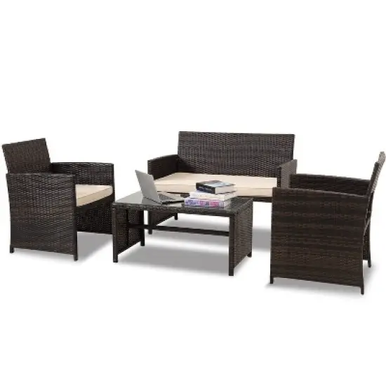 FIONECA Deluxe 4-Piece Patio Furniture Set &uml;C Brown Rattan Outdoor Conversation Set with Beige Cushions & Table image {7}