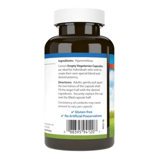 Carlson - Empty Vegetarian Capsules, Easy to Separate & Fill, with Screw Cap Bottle image {1}