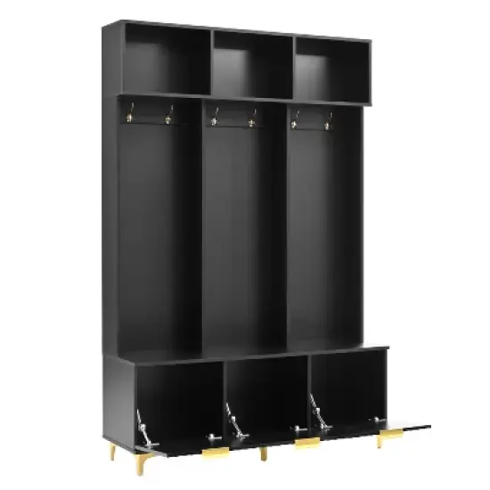 TIRAMISUBEST Modern Hall Tree with Storage Bench & 6 Gold Hooks - Entryway Organizer, High Gloss Fluted Doors, Black image {10}