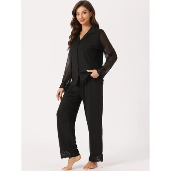 cheibear Women's Button Down Sheer-Mesh-Sleeve Sleepwear Shirt with Long Pants Pajama Set image {1}
