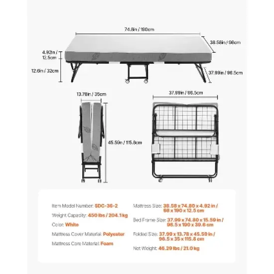 VEVOR Rollaway Bed, 38 in x 75 in Folding Bed with 5 in Mattress, Twin Size Foldable Bed with Sturdy Metal Frame & Memory Foam Mattress image {7}