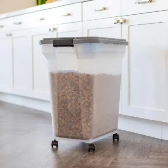 IRIS USA Dog Food Storage Container 40 lbs, Attachable Wheels, & Included Scoop, for Dog Cat Birds and other Pets, Dark Gray image {9}