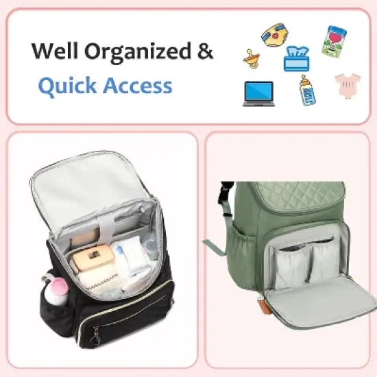 Itopfox Large Capacity Water-Resistant Diaper Backpack with Insulated Pockets, Stroller Buckle, Anti-Theft Design, Green Nylon image {4}