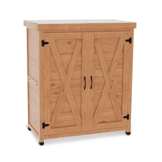 WELLFOR Outdoor Potting Bench with Storage Cabinet and Metal Table Top Light Brown image {12}